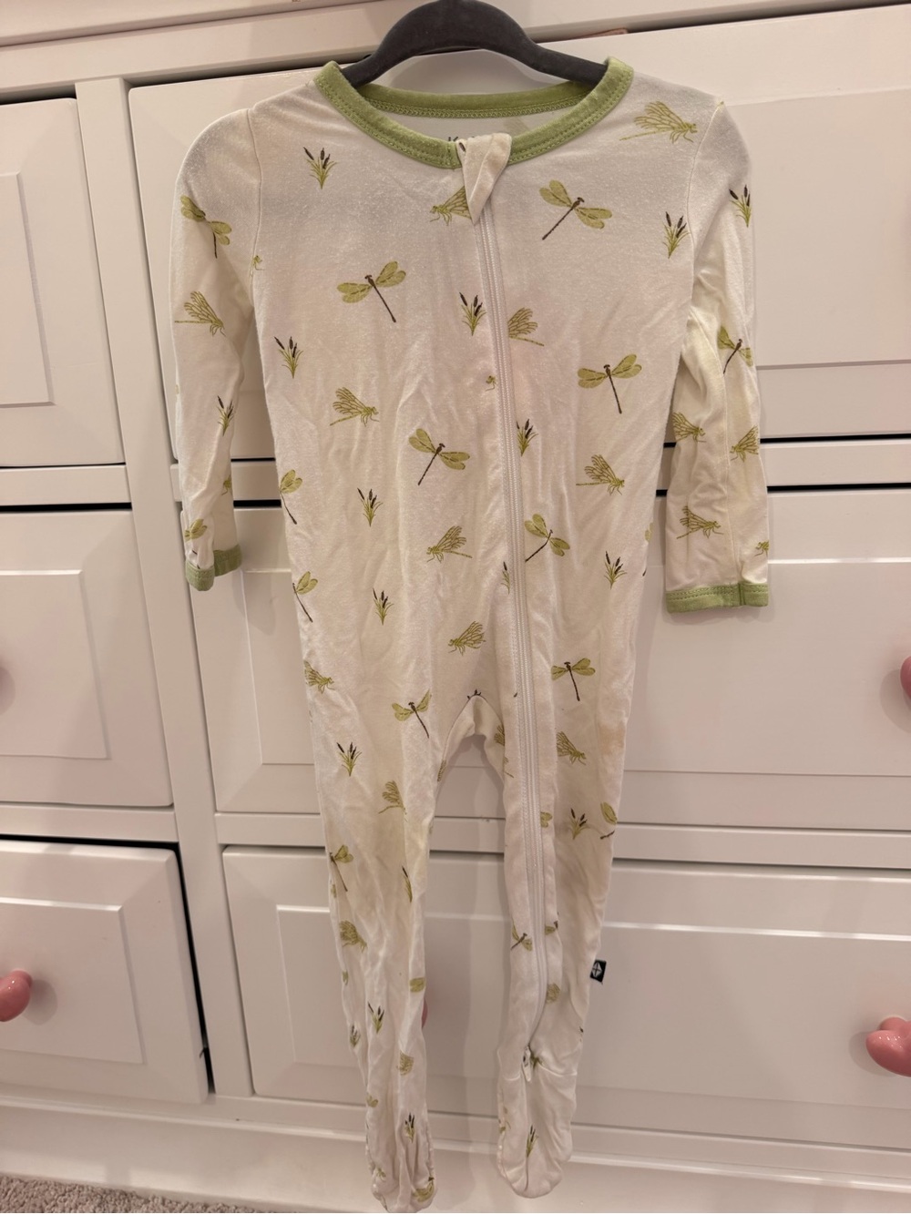 Kyte BABY Cream Footed One-Piece with Olive Dragonfly Print